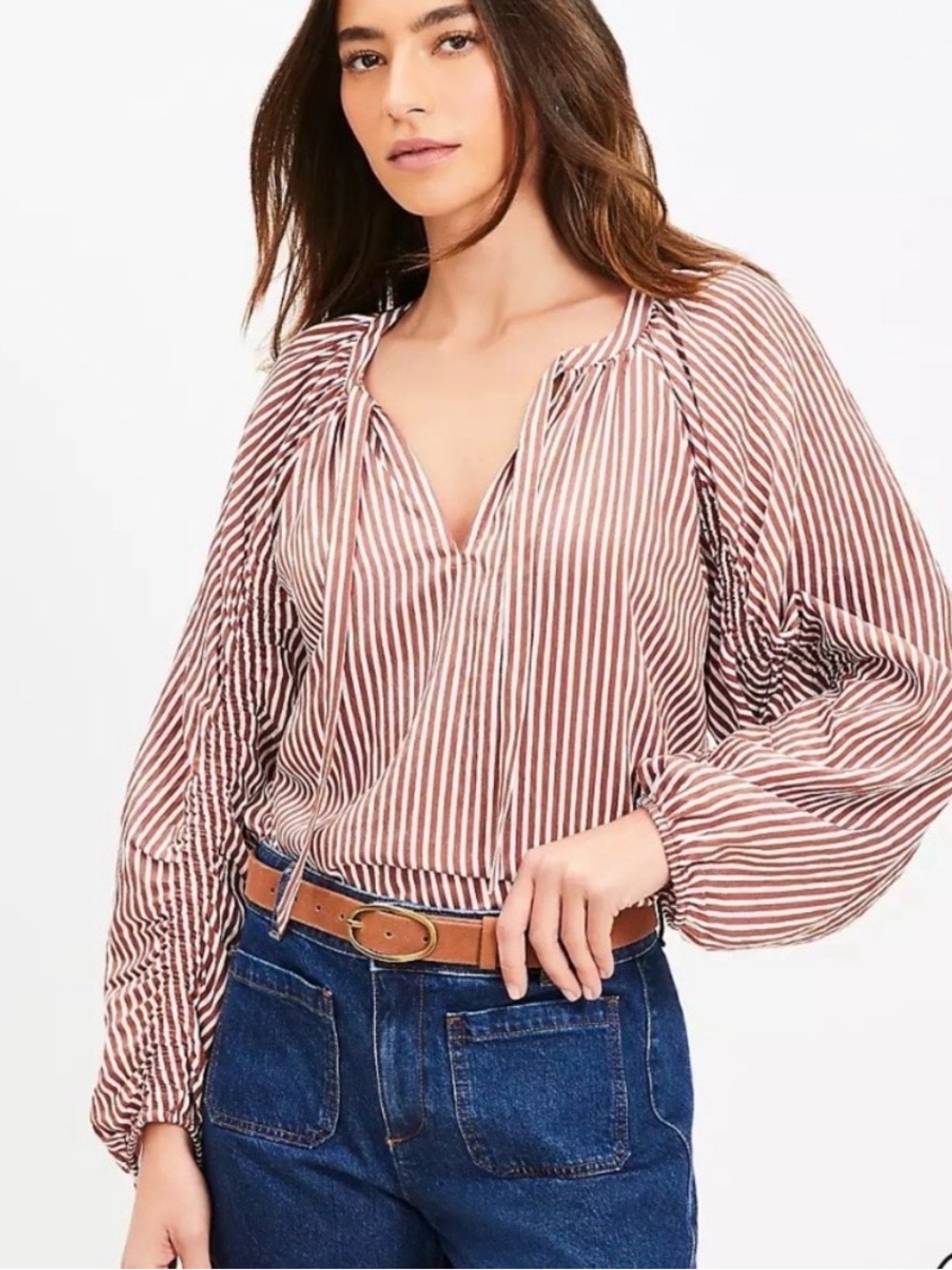 LOFT Rust Pink and White Striped Peasant Blouse